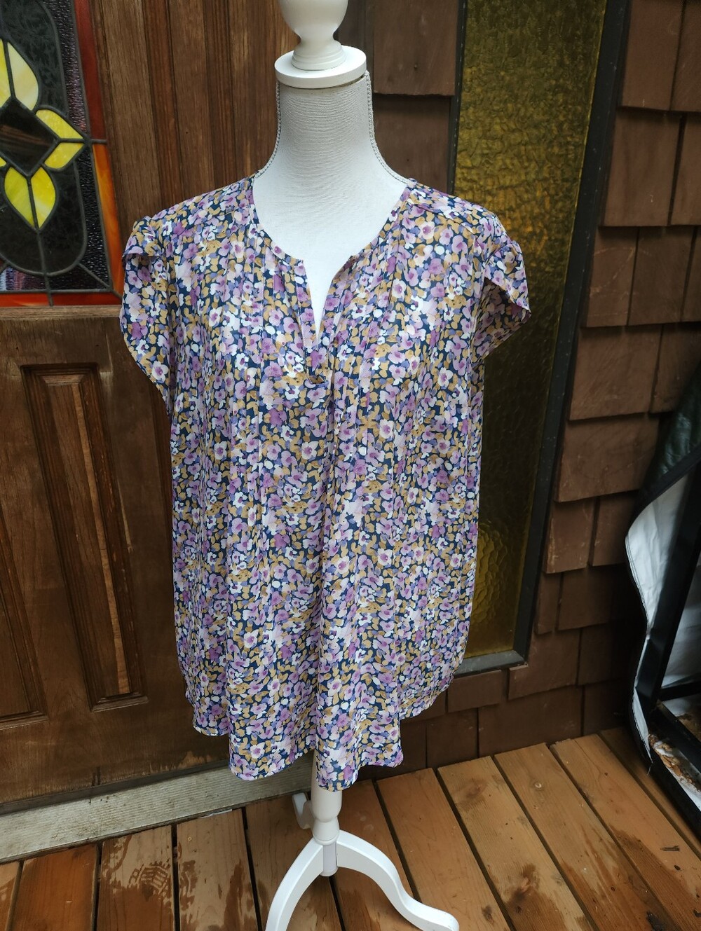 Size 3X-Floral Cap-Sleeve Blouse - Lavender Multi